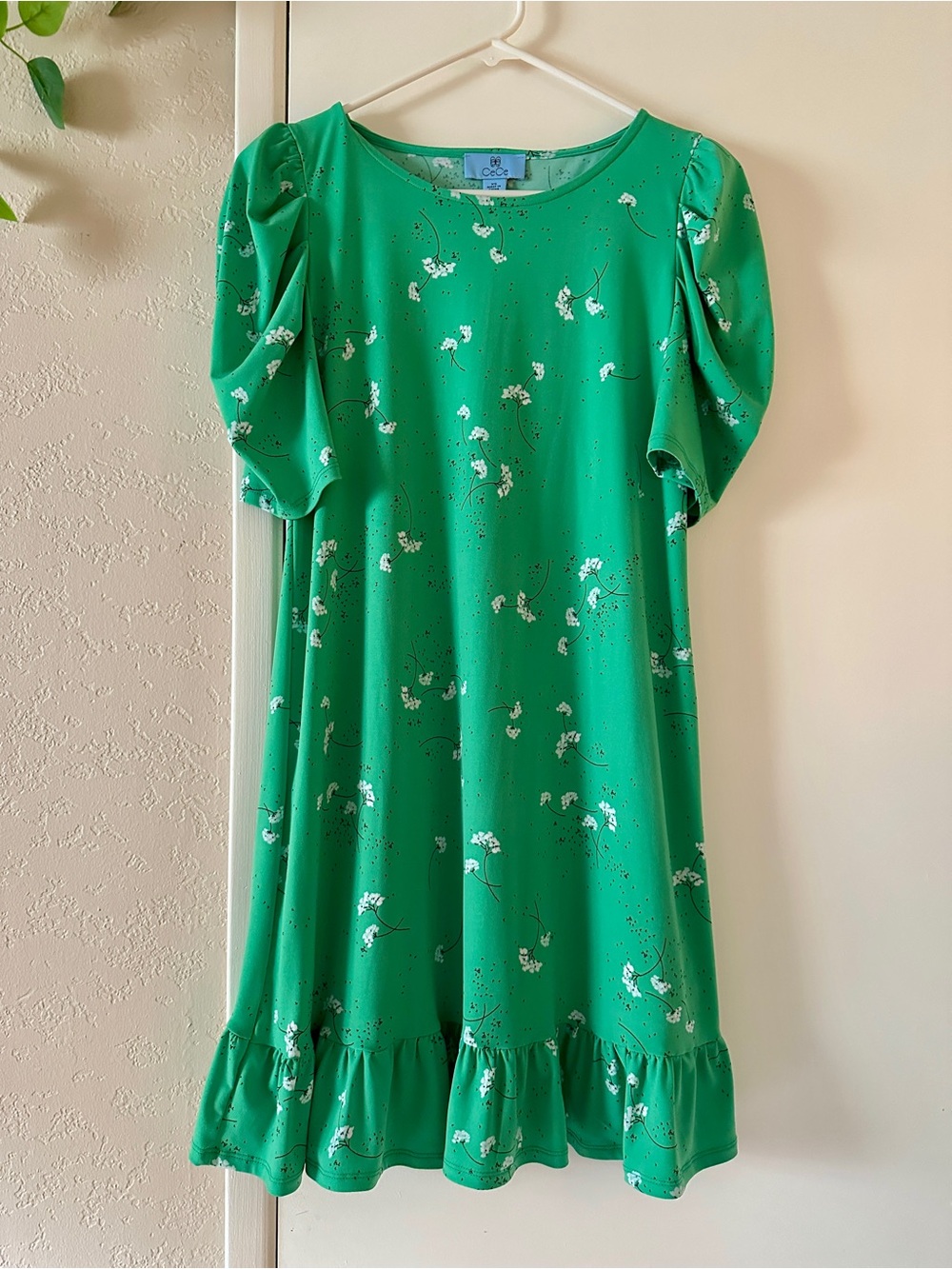 CeCe Puff-Sleeve Dress- XS-Green Floral- Ruffled